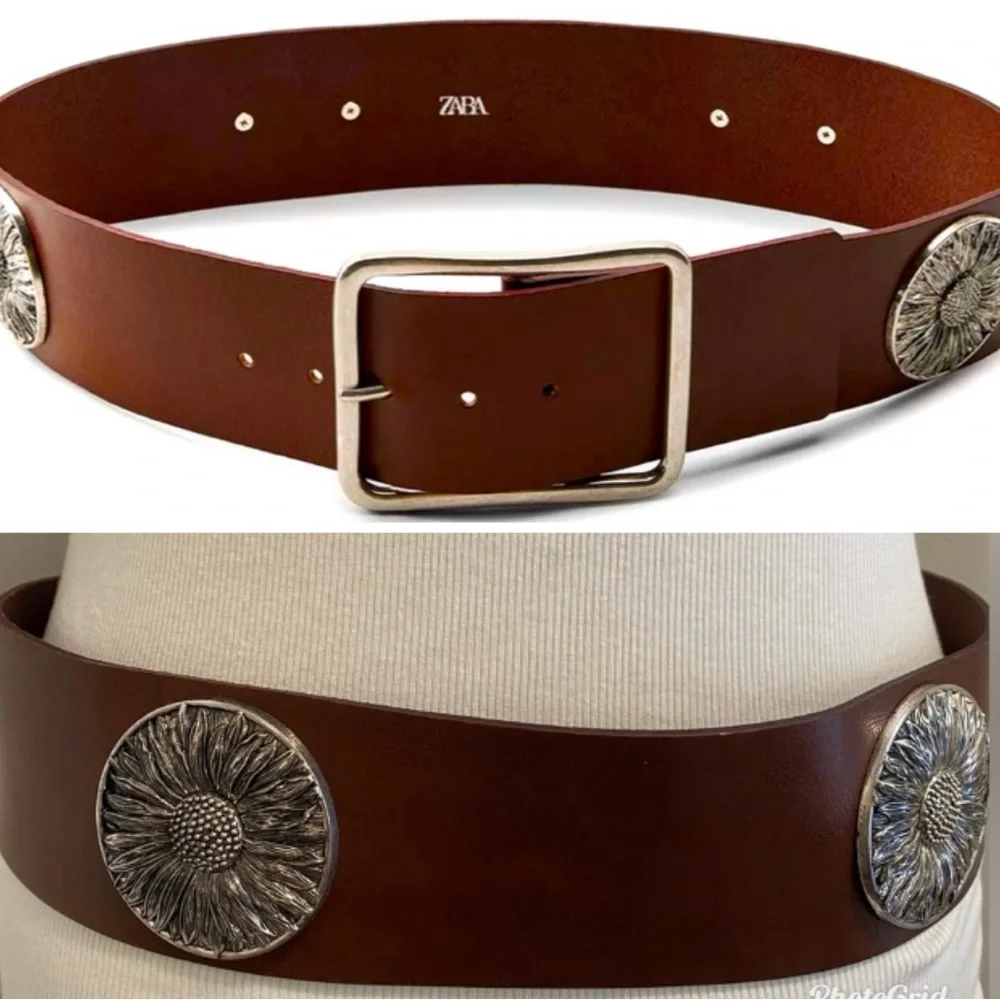 ZARA Brown Leather Belt with Silver Buckle - Size US 32 - NEW